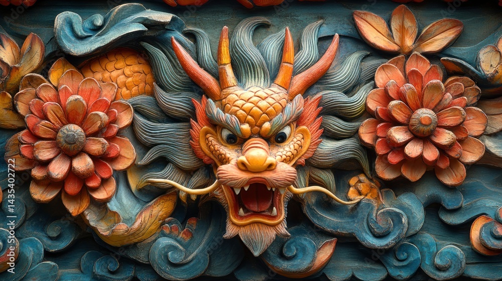 Obraz premium Intricate dragon carving surrounded by blossoms