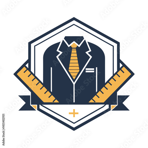 Custom tailoring services logo featuring a minimalist design with a suit, tie, and measuring tools in a geometric emblem format