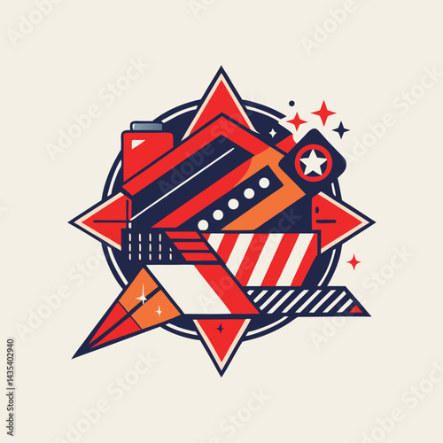 Dynamic minimalist logo design representing a film production studio with geometric shapes and vibrant color contrasts