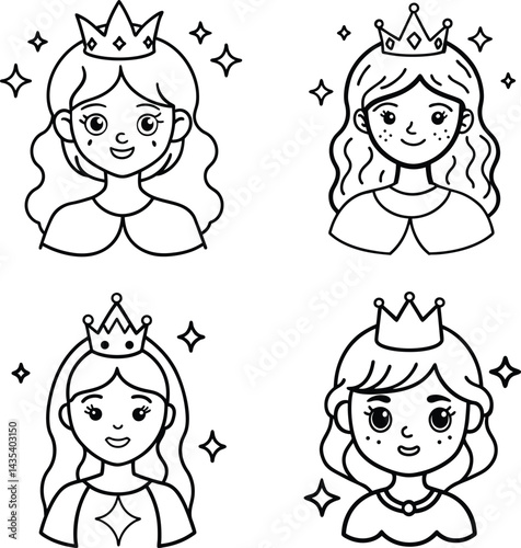 Collection of hand drawn princess portraits with crowns and sparkling stars