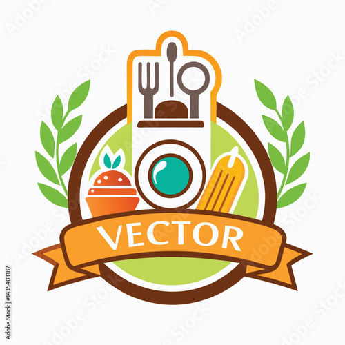 Vector logo designed for food photography featuring a camera, utensils, and various food elements, ideal for culinary businesses and enthusiasts capturing delicious moments