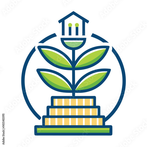Innovative logo design representing LED powered indoor vertical gardening with a stylized plant emerging from a tiered base and a house motif on top