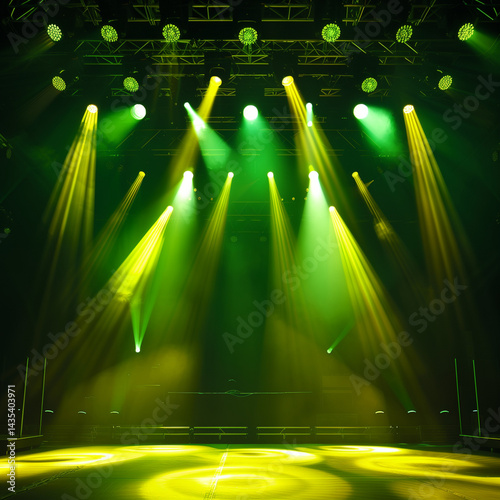Vibrant green stage lighting illuminates an empty concert venue ready for a spectacular show with