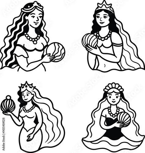 Collection of cartoon princesses holding orbs in black and white line art