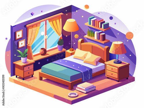 A high-quality vector of a comfortable bedroom setup with bed, nightstand, and warm lighting, isolated on a white background