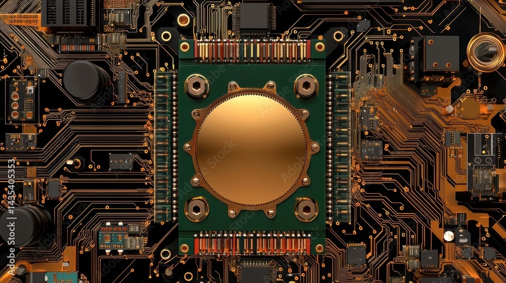 Fototapeta premium Artificial intelligence microprocessor in a sleek, tech-themed circuit layout