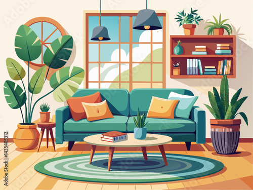 A high-quality vector illustration of a cozy living room with a modern sofa, coffee table, and indoor plants, isolated on a white background