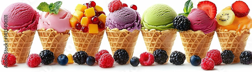 Delicious Ice Cream Cones with Assorted Fruit Toppings - A Vibrant Food Photography Image
