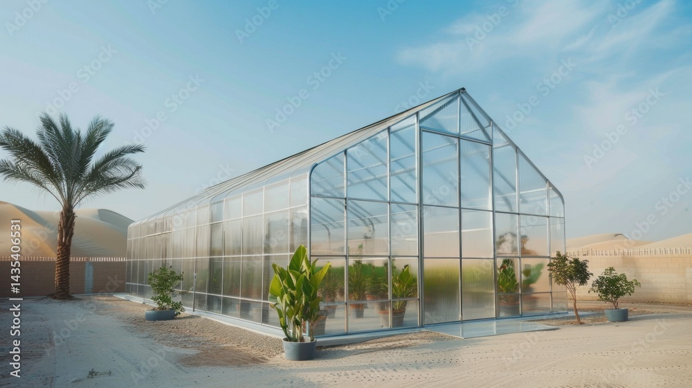 Fototapeta premium Modern greenhouse in Saudi Arabia using tech solutions stock photo --ar 16:9 --raw --v 6 Job ID: 82046f0a-baab-431b-953e-6376a7f373ec