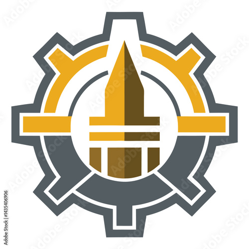 Industrial minimalist logo featuring a gear and stylized machinery element in muted colors