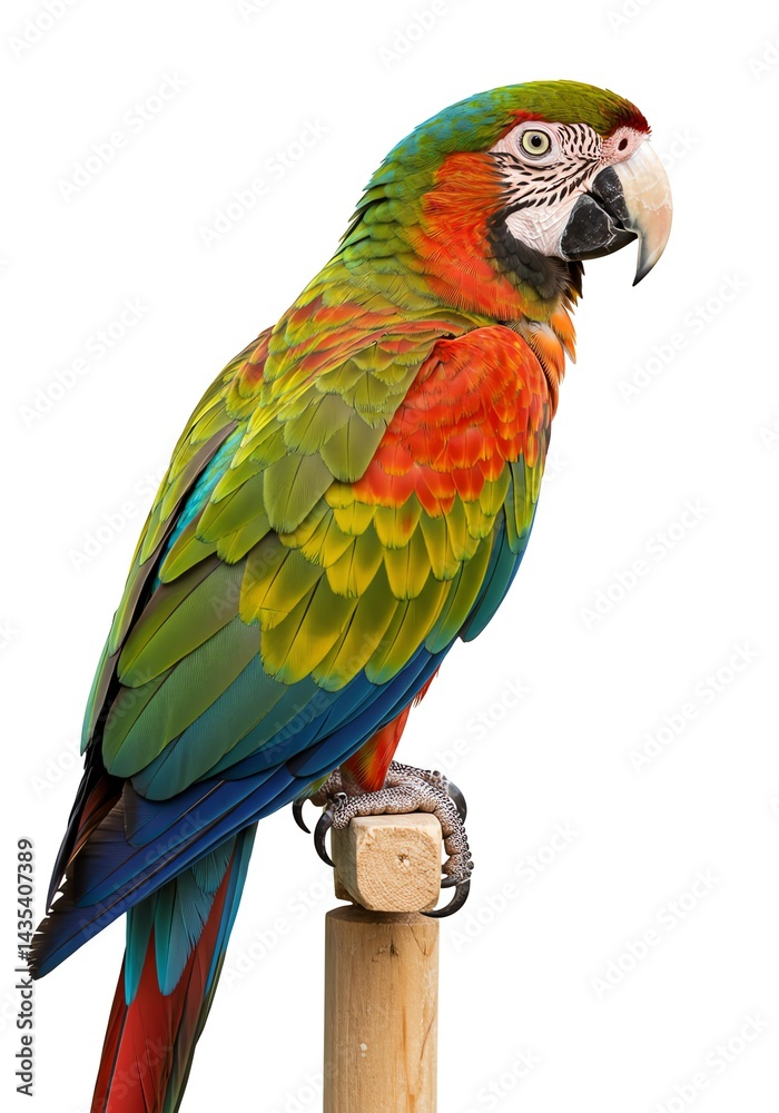 Obraz premium Colorful Parrot Perching on Wooden Stand Against White Background