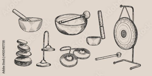 Singing bowl, tingsha, small cymbals, gong, balance stones for meditation, relaxation, sound therapy drawing illustration set. Traditional Chinese instruments sketch engraving style vector