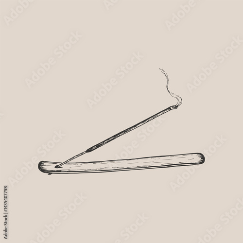 Incense stick on a wooden stand drawing illustration. Aromatherapy scented Spa stick sketch engraving style vector. Hand drawn line art clipart
