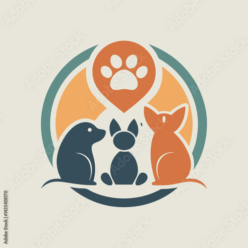 Caring minimalist logo design featuring three pets symbolizing a pet supply store with a paw print in the center, focusing on quality and care for animals