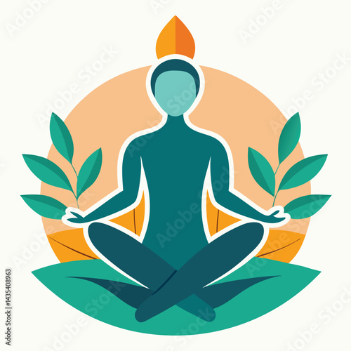 Balanced vector logo for a yoga studio featuring a meditative pose along with elements of nature for promoting wellness and tranquility