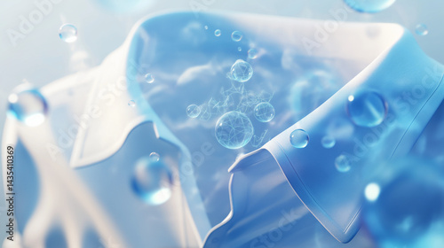 White casual shirts washed in clean water with molecule in liquid bubble, Detergent cleaner, 3d rendering.