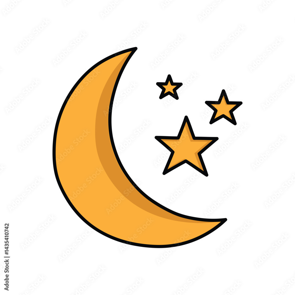 Orange moon and stars icon isolated flat design. Orange moon and stars icon isolated flat design.