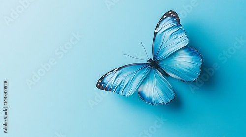 A vibrant, light blue butterfly floats gracefully against a smooth, pastel background.