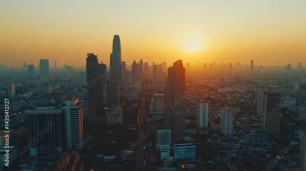 Fototapeta premium A panoramic view of a city skyline during sunset, showcasing urban architecture and atmosphere.