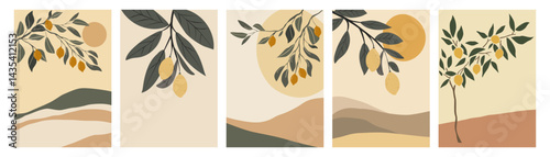 Landscape cards with lemon tree, fields, hills and mountains in australia style and pastel beige tones. Set of landscape postcards for design. Vector illustration of landscape postcards.