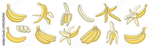 Banana yellow continuous one line drawing icon set. Editable stroke. Outline bananas fruit collections isolated on a white background. Vector illustration
