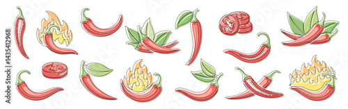Chili pepper red continuous one line drawing icon set. Editable stroke. Outline chili pepper vegetable collections isolated on a white background. Vector illustration