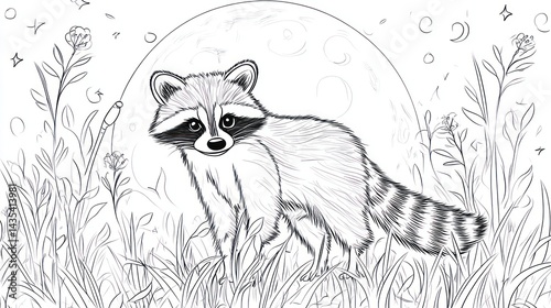 Raccoon in meadow under moon, coloring page photo