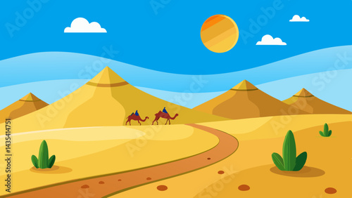 A vector illustration shows an Egyptian desert landscape with pyramids, dunes, and a setting sun