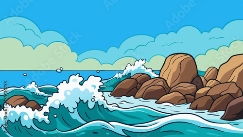 A vector illustration shows a tropical island landscape with blue ocean waves under a summer sun and clouds