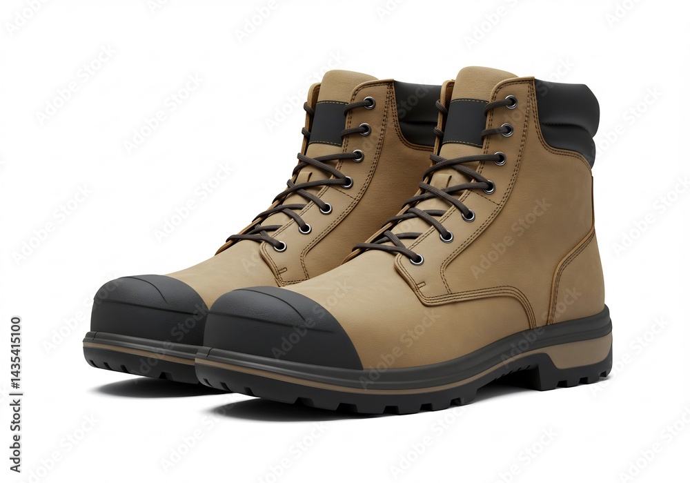 Work Boots Pair Standing on White Background Footwear Concept
