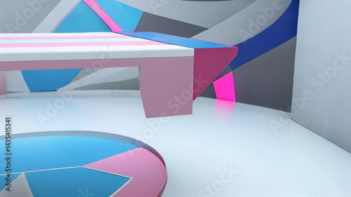 Series of stripes in various colors, including pink, blue, and white. The stripes are arranged in a way that creates a sense of movement and energy. Scene is one of vibrancy and excitement