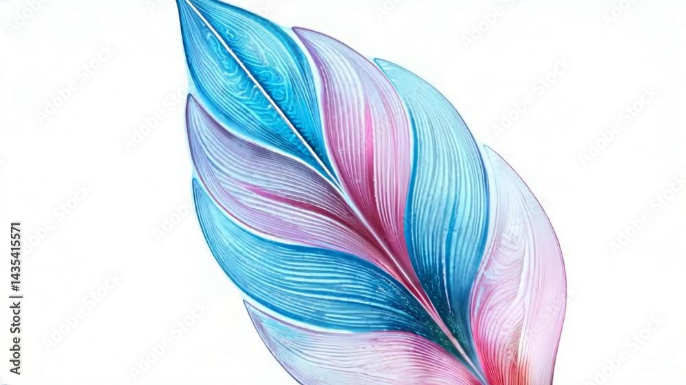 Pink and blue feather is drawn on a white background. The feather is very thin and delicate, with a light blue and purple hue. Concept of beauty and grace, as well as a feeling of lightness