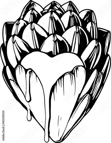 Artichoke Heart With Dripping Yellow Sauce Black And White Isolated On Minima