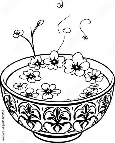 Ornate Bowl Filled With Creamy Liquid And Delicate Floral Accents On A White Background