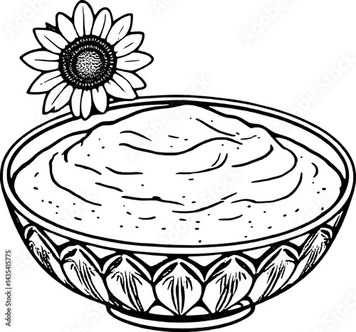 Yellow Creamy Dip In Ornate Bowl With Sunflower Decoration On A Illustration