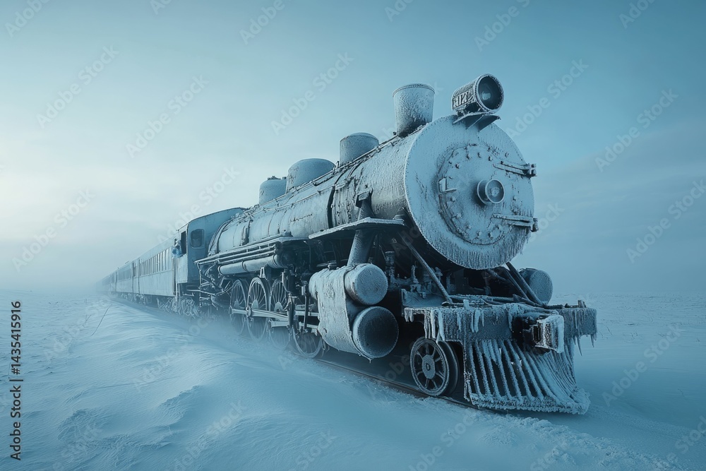 Fototapeta premium A frost-covered vintage steam train stands alone in a snowy, desolate landscape, evoking a sense of isolation and winter's stillness.