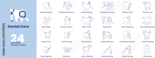 Clean, editable dental care line icons for health, clinics, and medical visuals. Perfect for modern vector design.