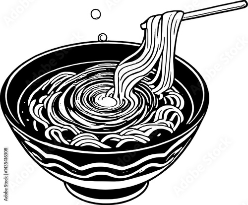 Stylized Bowl Of Noodle Soup With Chopsticks In Black And White Minimalist Illustration