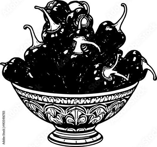Bowl Overflowing With Vivid Magenta Peppers Against A Clean Green Stems