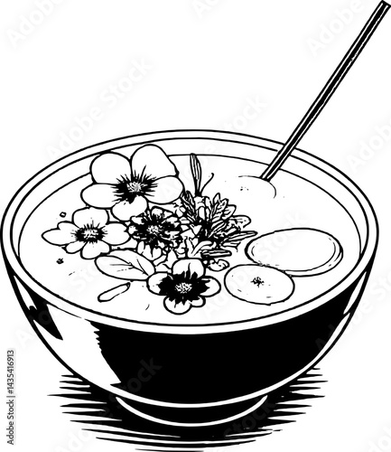 Artistic Bowl Of Ramen Soup Garnished With Edible Flowers And Boiled Eggs Illustration