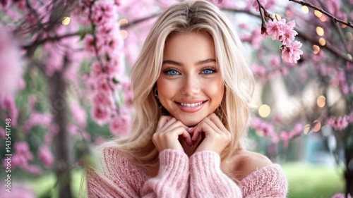 Woman is standing in front of a tree with pink flowers. She is wearing a pink sweater and has blue eyes