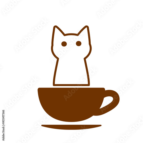 コーヒーカップに入っている白い猫のアイコン素材･茶色×白