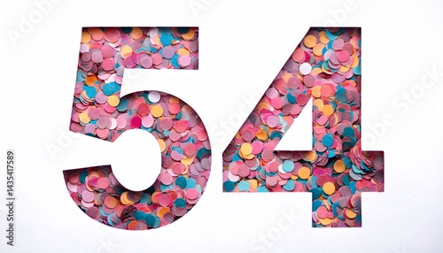 Number 54 made out of confetti, white background. photo for fifty-fourth birthday or anniversary party