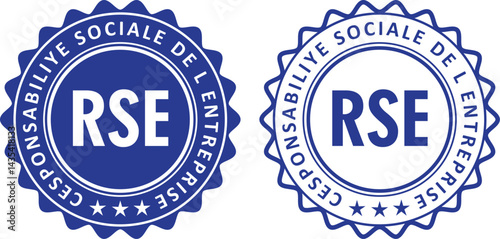 two blue badges with rse letters Cesponsabiliye Sociale Del Entreprise