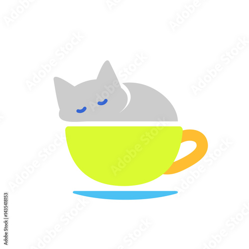 コーヒーカップに入ってお昼寝する猫のカラフルなアイコン素材

