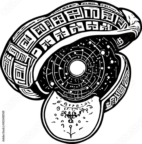 Abstract Celestial Sphere with Ancient Script and Cosmic Elements Illustration