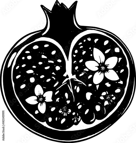 Stylized Pomegranate Half With Seeds and White Flowers on a Clean White Background
