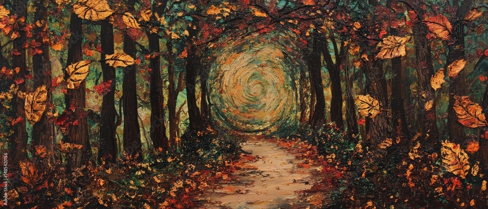 A painting of a forest with a path through it