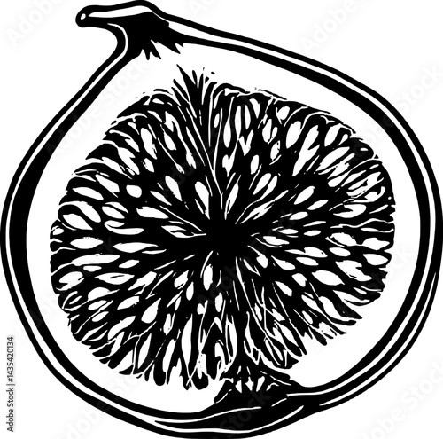 Artistic Depiction Of A Fig Fruit Cut In Half With Visible Seeds And Outer Skin On White Background