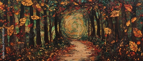 Obraz na płótnie A painting of a forest with a path through it w salonie